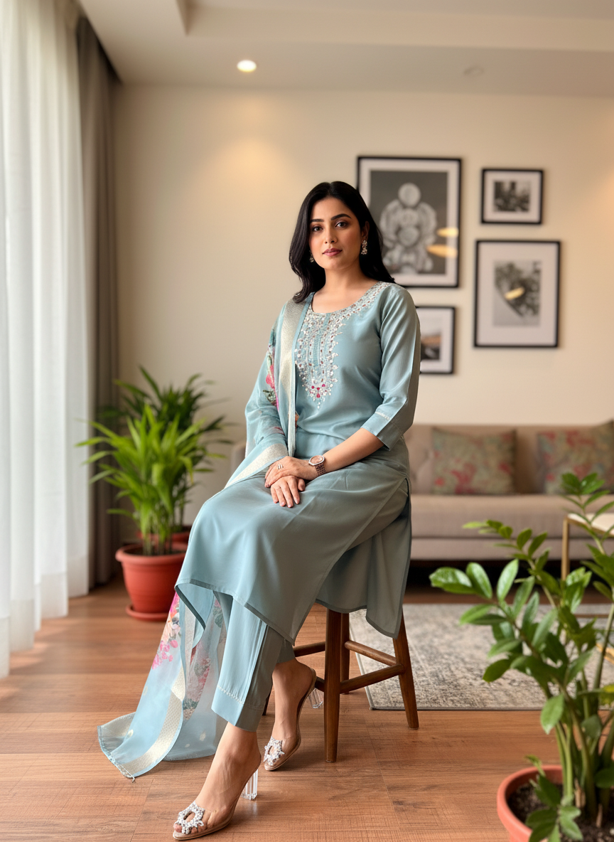 Pastel Sky Blue Rayon Set with Pink Floral Dupatta thumbnail 2