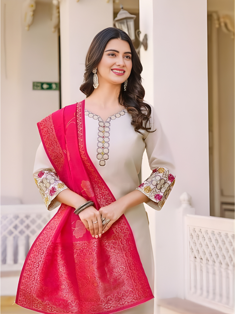 Cream & Fuchsia Festive Set with Gold Print Dupatta thumbnail 2