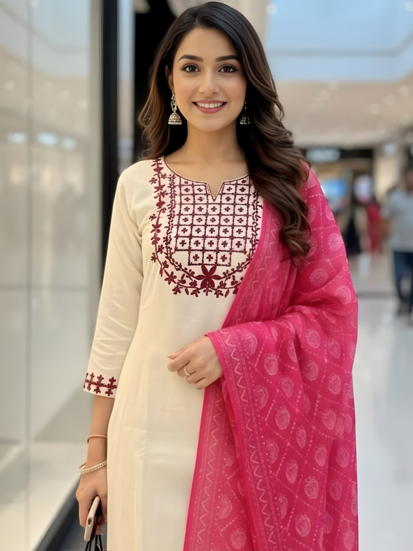 Chic Off-White Kurti Set with Geometric Red Embroidery thumbnail 2