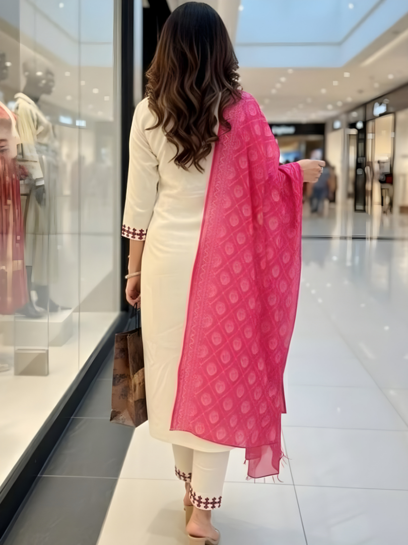 Chic Off-White Kurti Set with Geometric Red Embroidery thumbnail 4
