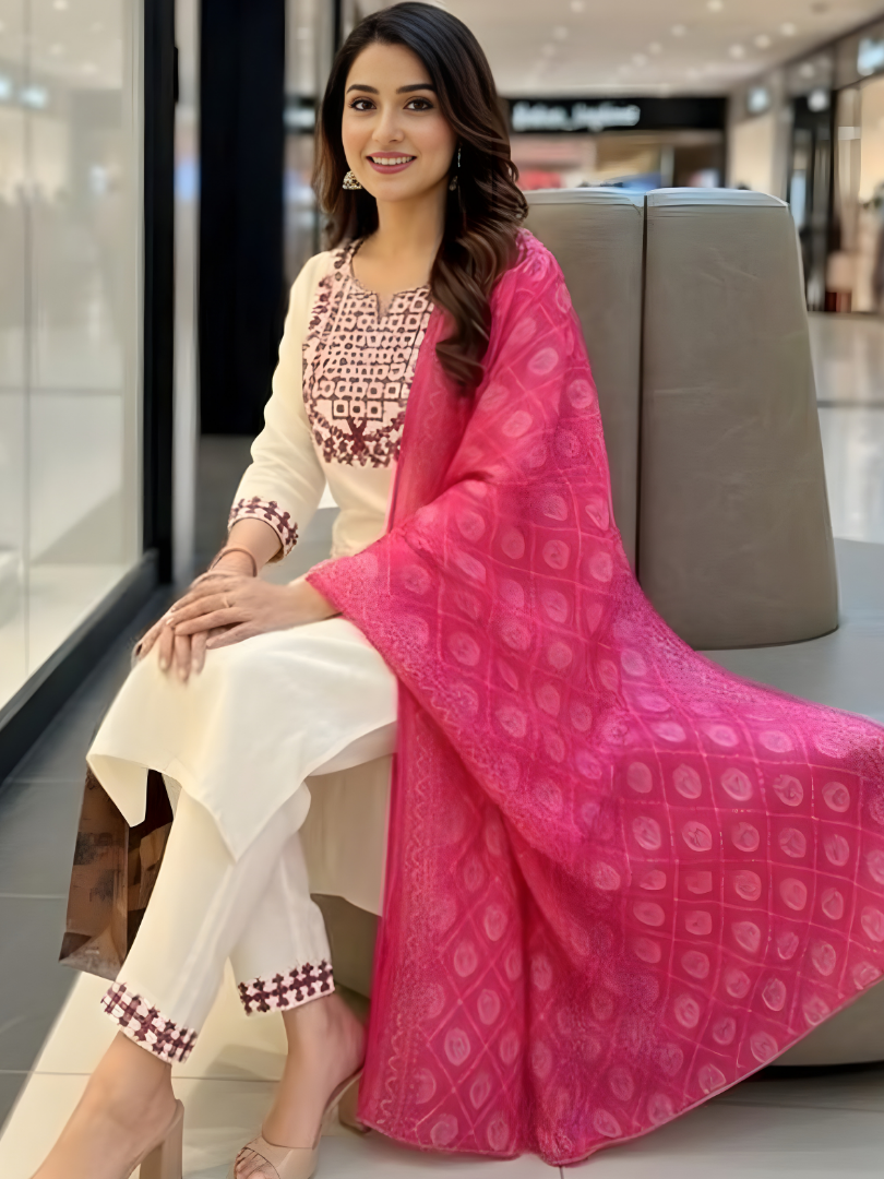 Chic Off-White Kurti Set with Geometric Red Embroidery thumbnail 3