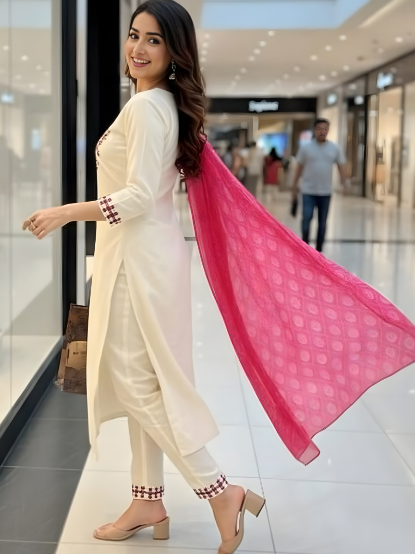 Chic Off-White Kurti Set with Geometric Red Embroidery thumbnail 5