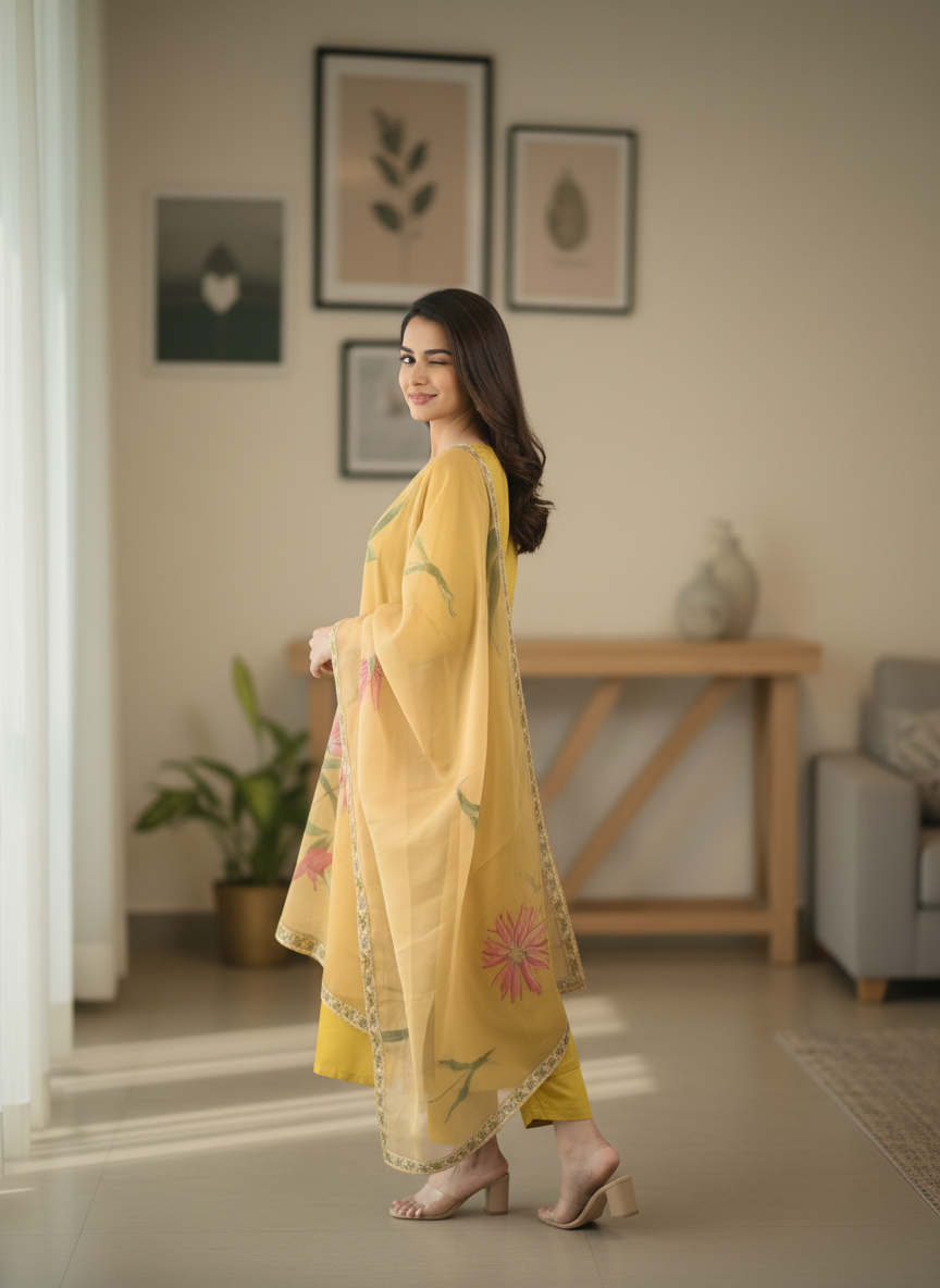 Sunshine Yellow Rayon Set with Large Floral Print Dupatta thumbnail 4