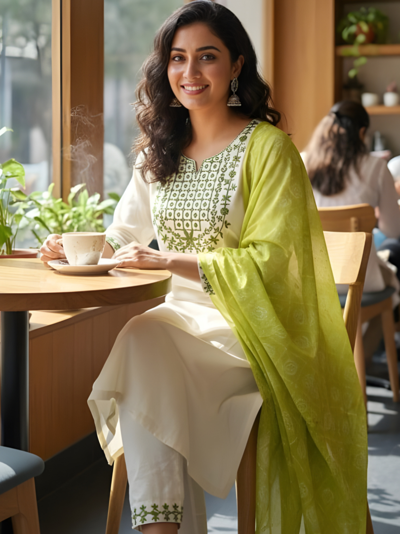 Cream & Lime Green Rayon Suit with Geometric Patterns thumbnail 3