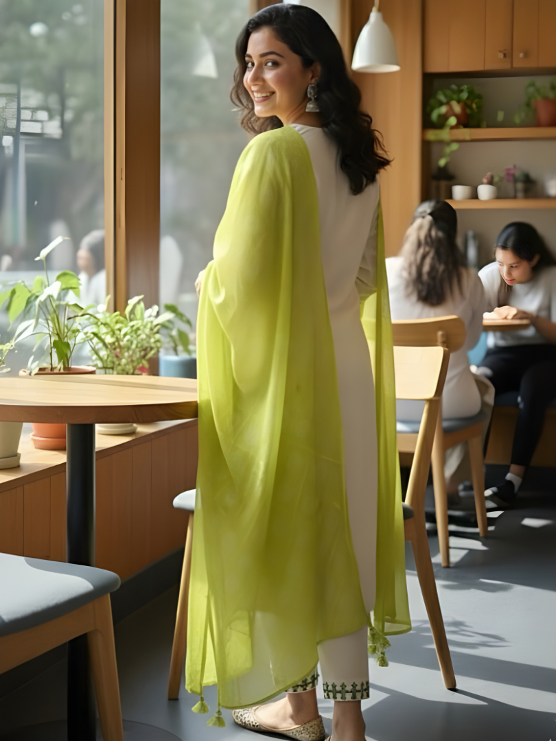 Cream & Lime Green Rayon Suit with Geometric Patterns thumbnail 4