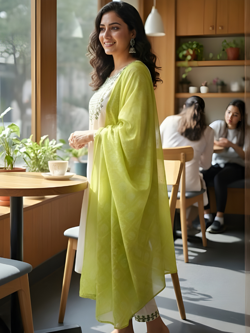 Cream & Lime Green Rayon Suit with Geometric Patterns thumbnail 5