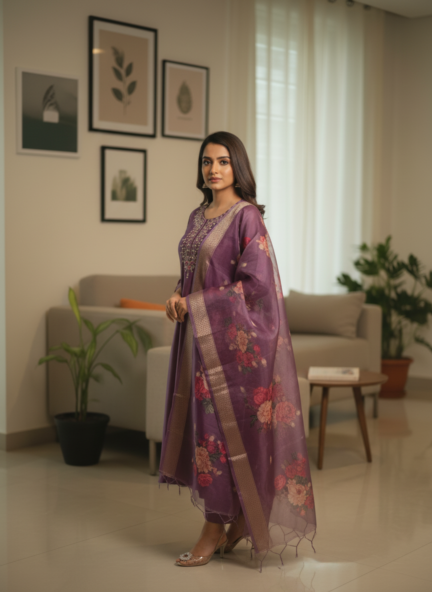 Radiant Purple Kurti Set with Cascading Floral Dupatta thumbnail 3