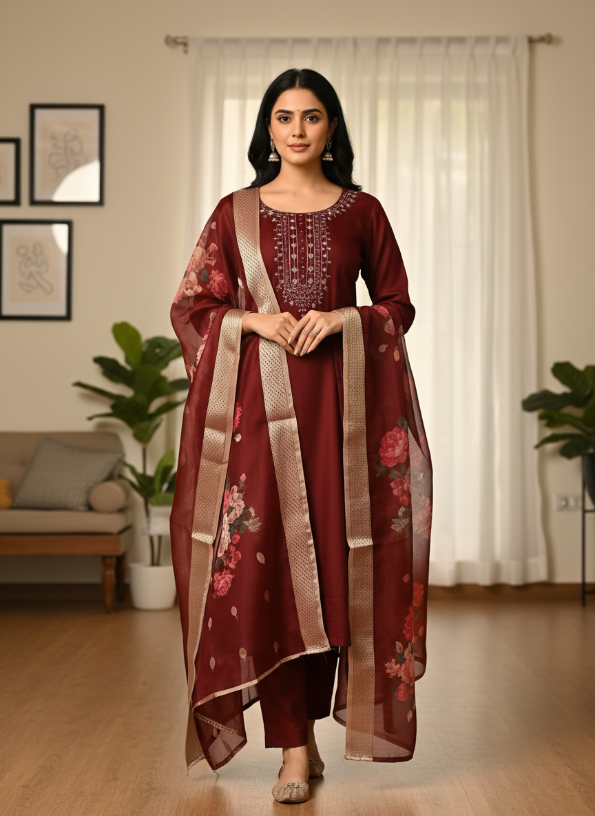 Wine Red Rayon Slub Ensemble with Floral Digital Print thumbnail 2
